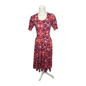 LuLaRoe Fit & Flare Red White Blue Soft Jersey Dress‎ Sz Large